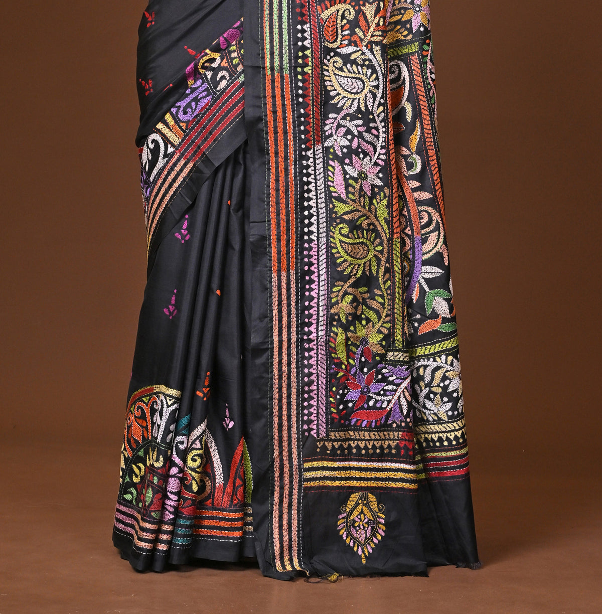 Blended Silk Kantha Stitch Saree Black