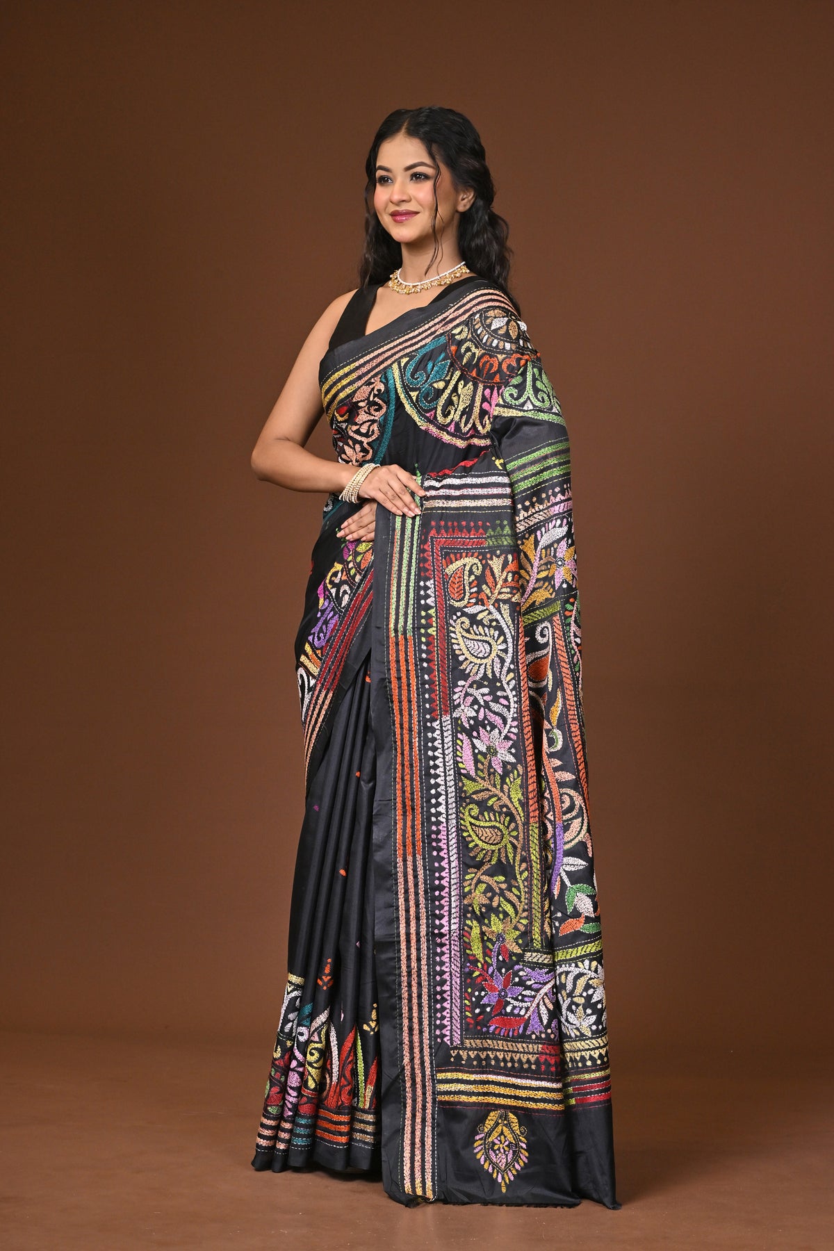 Blended Silk Kantha Stitch Saree Black
