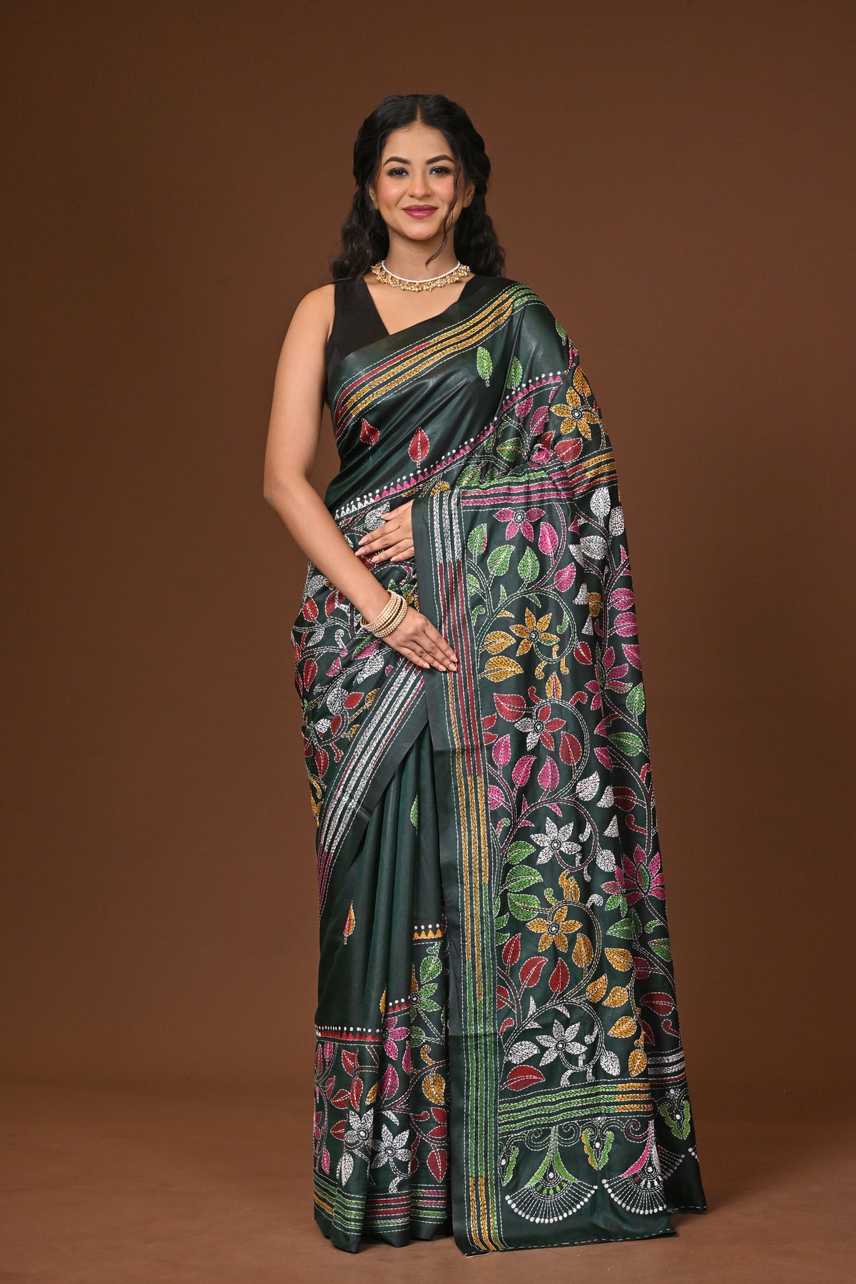 Blended Silk Kantha Stitch Saree Bottle Green