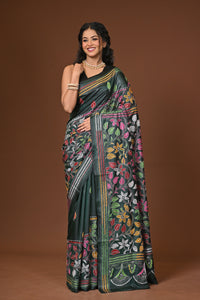 Blended Silk Kantha Stitch Saree Bottle Green