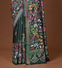 Blended Silk Kantha Stitch Saree Bottle Green