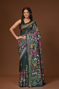 Blended Silk Kantha Stitch Saree Bottle Green