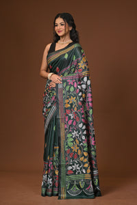Blended Silk Kantha Stitch Saree Bottle Green