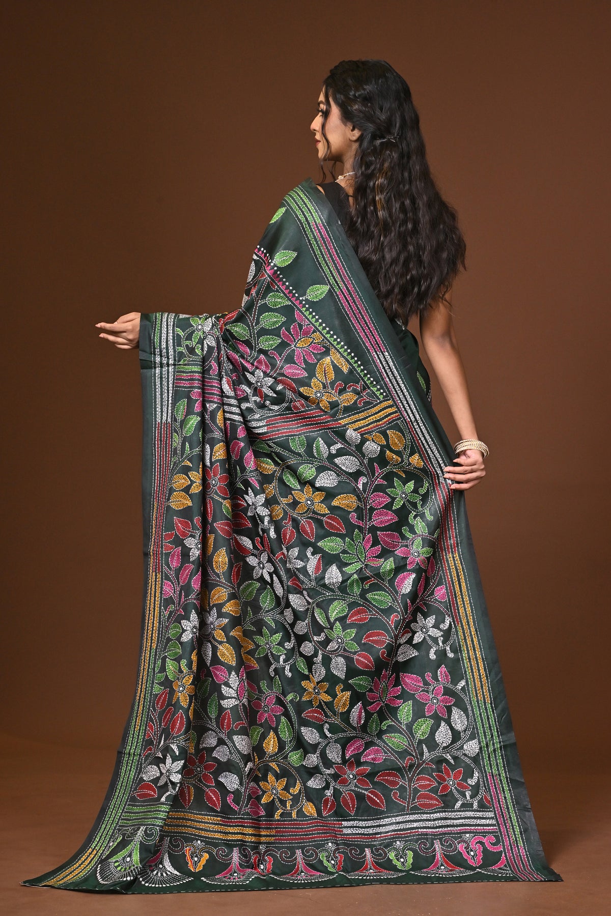 Blended Silk Kantha Stitch Saree Bottle Green