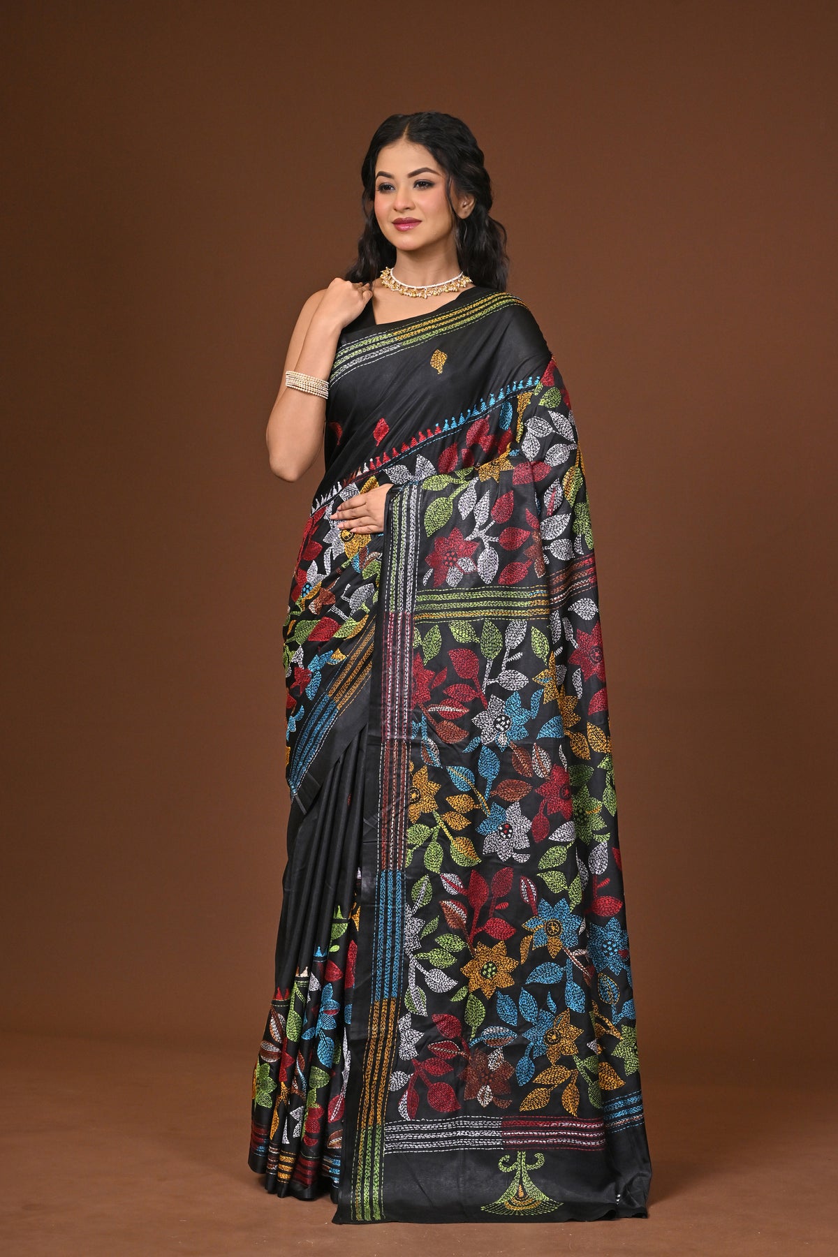 Blended Silk Kantha Stitch Saree Black