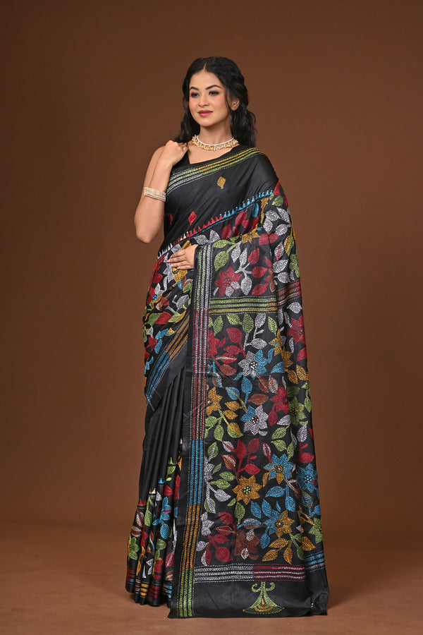Blended Silk Kantha Stitch Saree