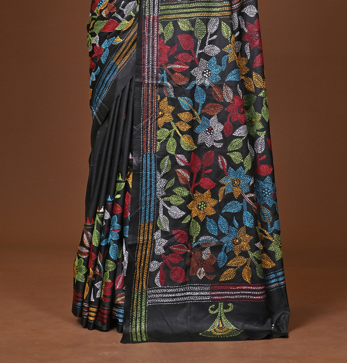Blended Silk Kantha Stitch Saree Black