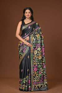 Blended Silk Kantha Stitch Saree Black