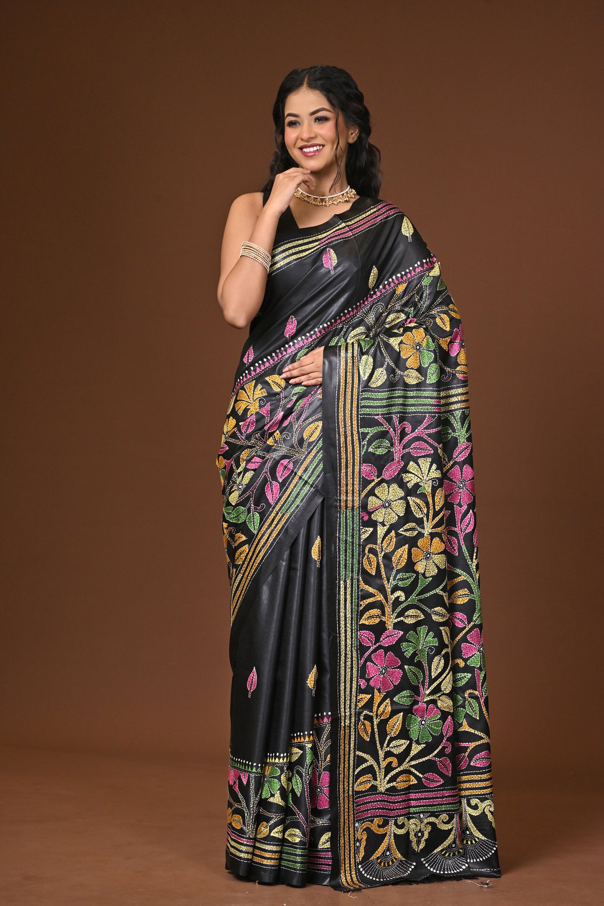 Blended Silk Kantha Stitch Saree Black