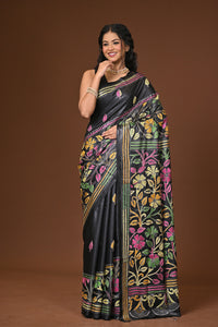 Blended Silk Kantha Stitch Saree Black