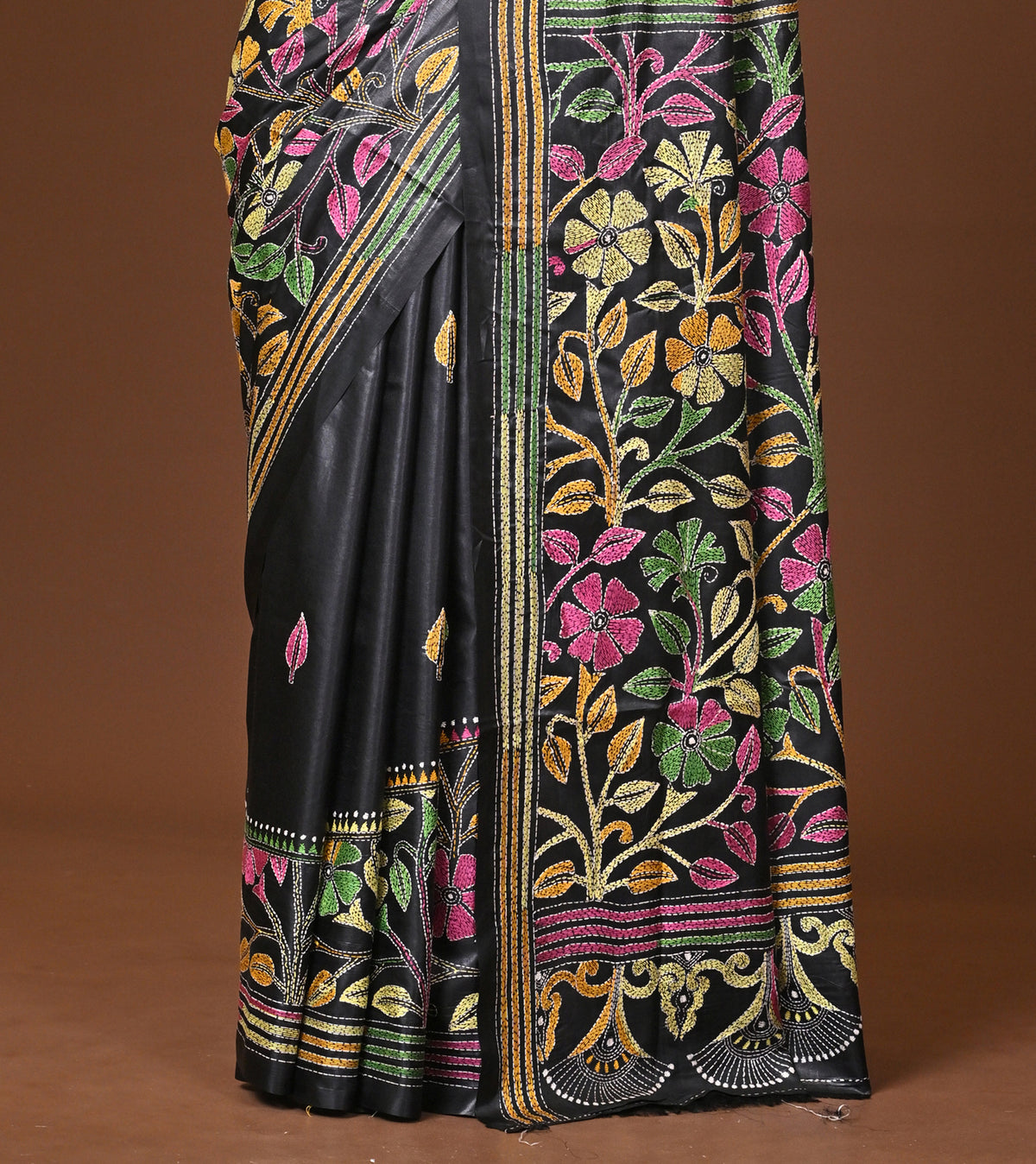 Blended Silk Kantha Stitch Saree Black