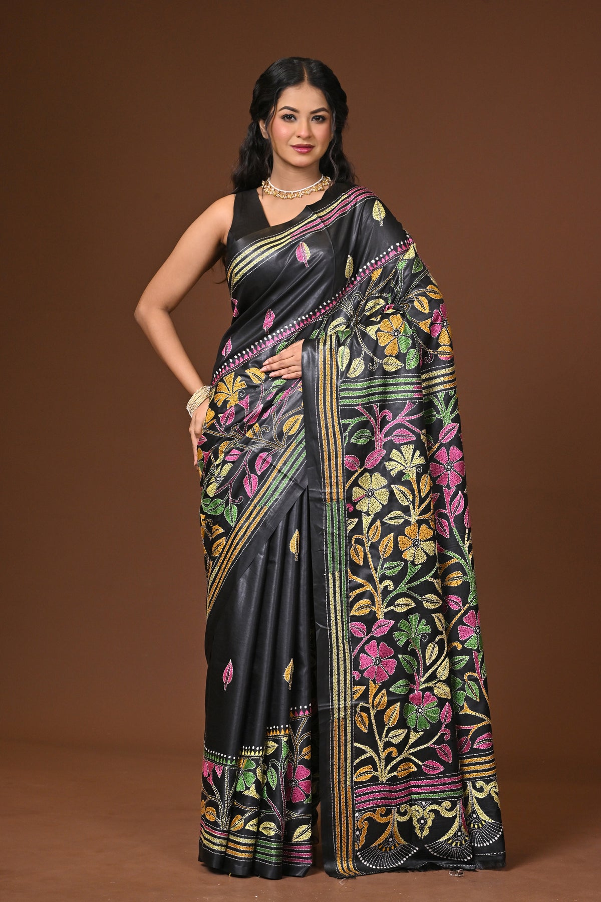 Blended Silk Kantha Stitch Saree Black