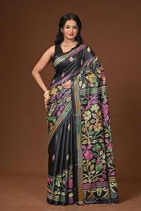 Blended Silk Kantha Stitch Saree Black