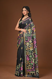 Blended Silk Kantha Stitch Saree Black