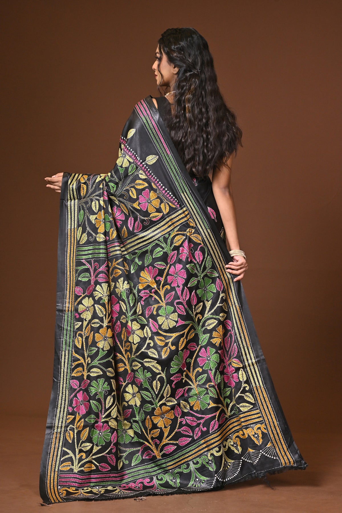 Blended Silk Kantha Stitch Saree Black