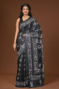 Blended Silk Kantha Stitch Saree Black