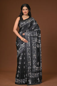 Blended Silk Kantha Stitch Saree Black