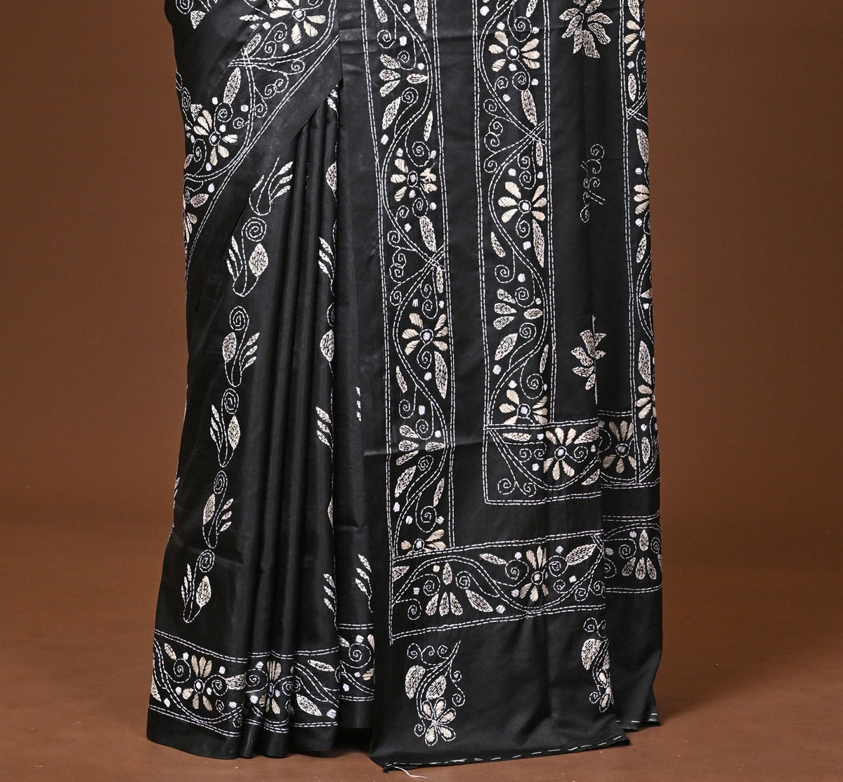 Blended Silk Kantha Stitch Saree Black