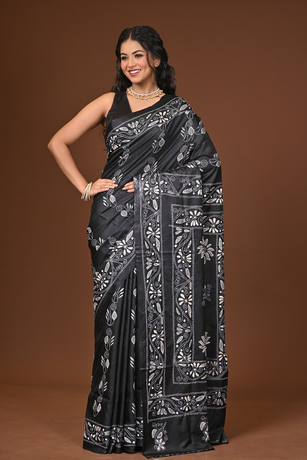 Blended Silk Kantha Stitch Saree Black