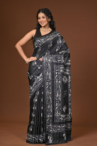 Blended Silk Kantha Stitch Saree Black