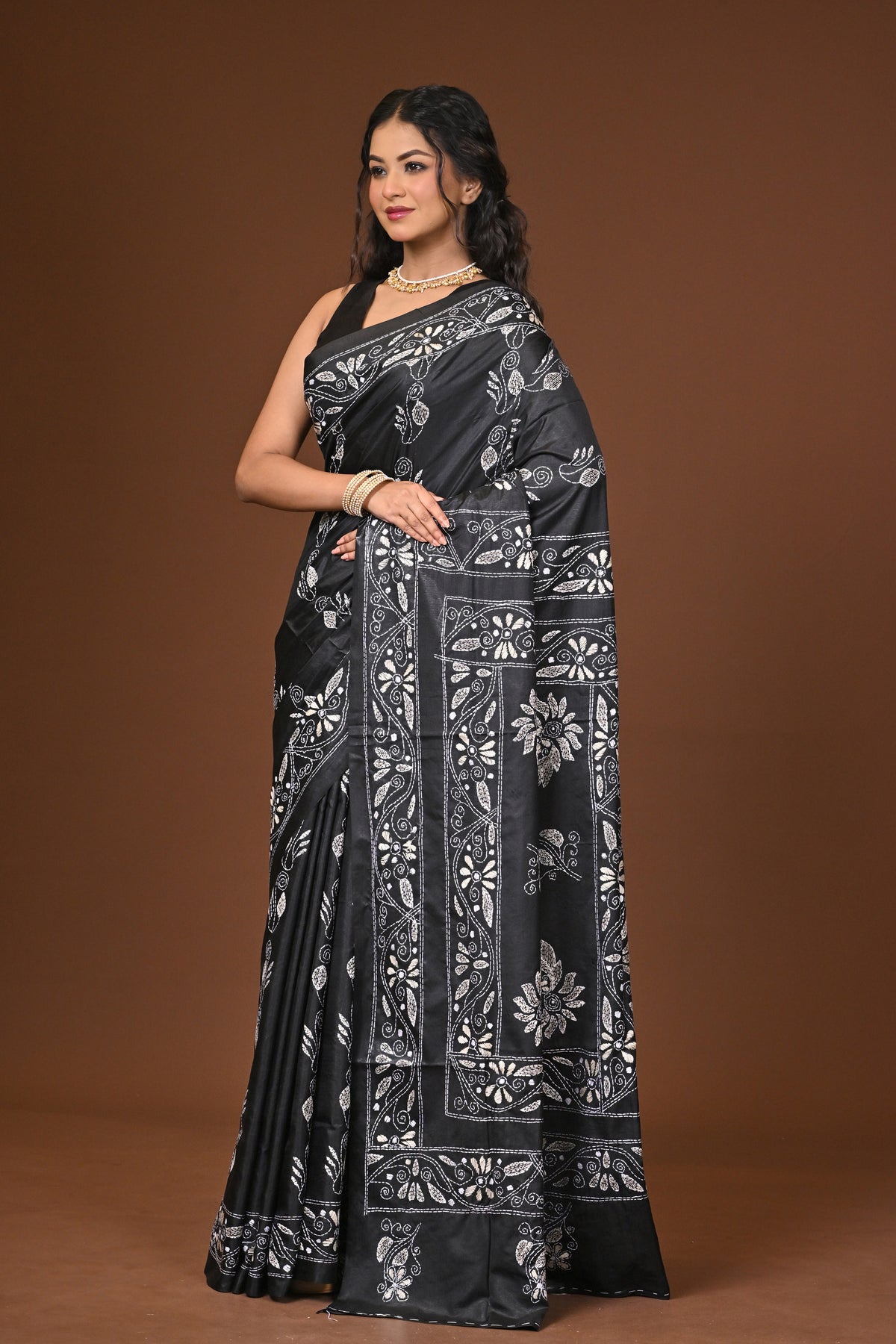 Blended Silk Kantha Stitch Saree Black