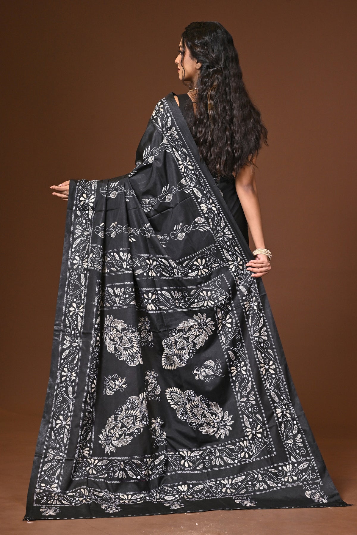 Blended Silk Kantha Stitch Saree Black