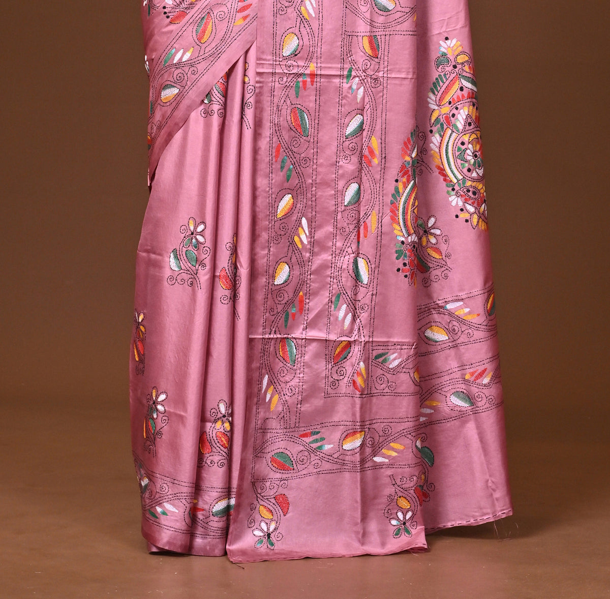 Blended Silk Kantha Stitch Saree Pink