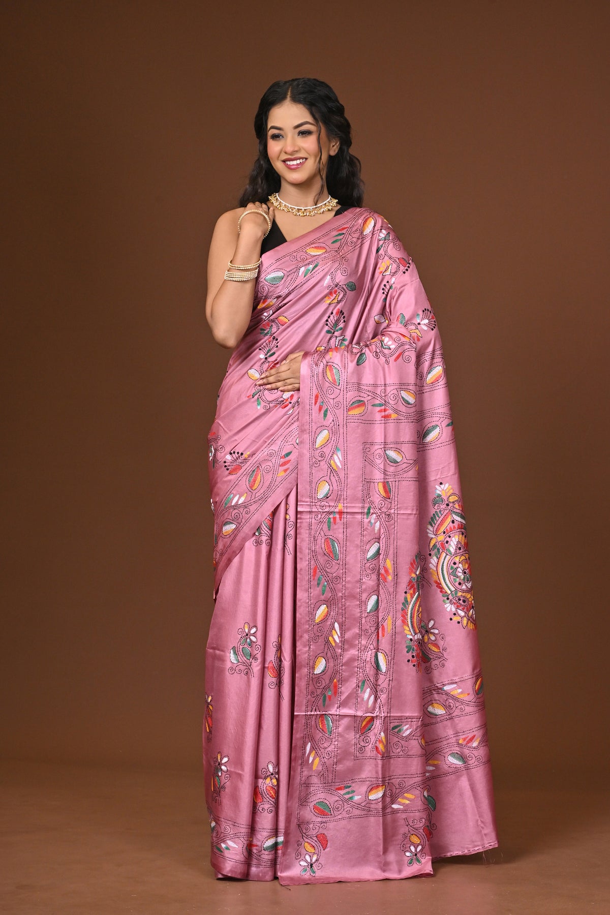 Blended Silk Kantha Stitch Saree Pink