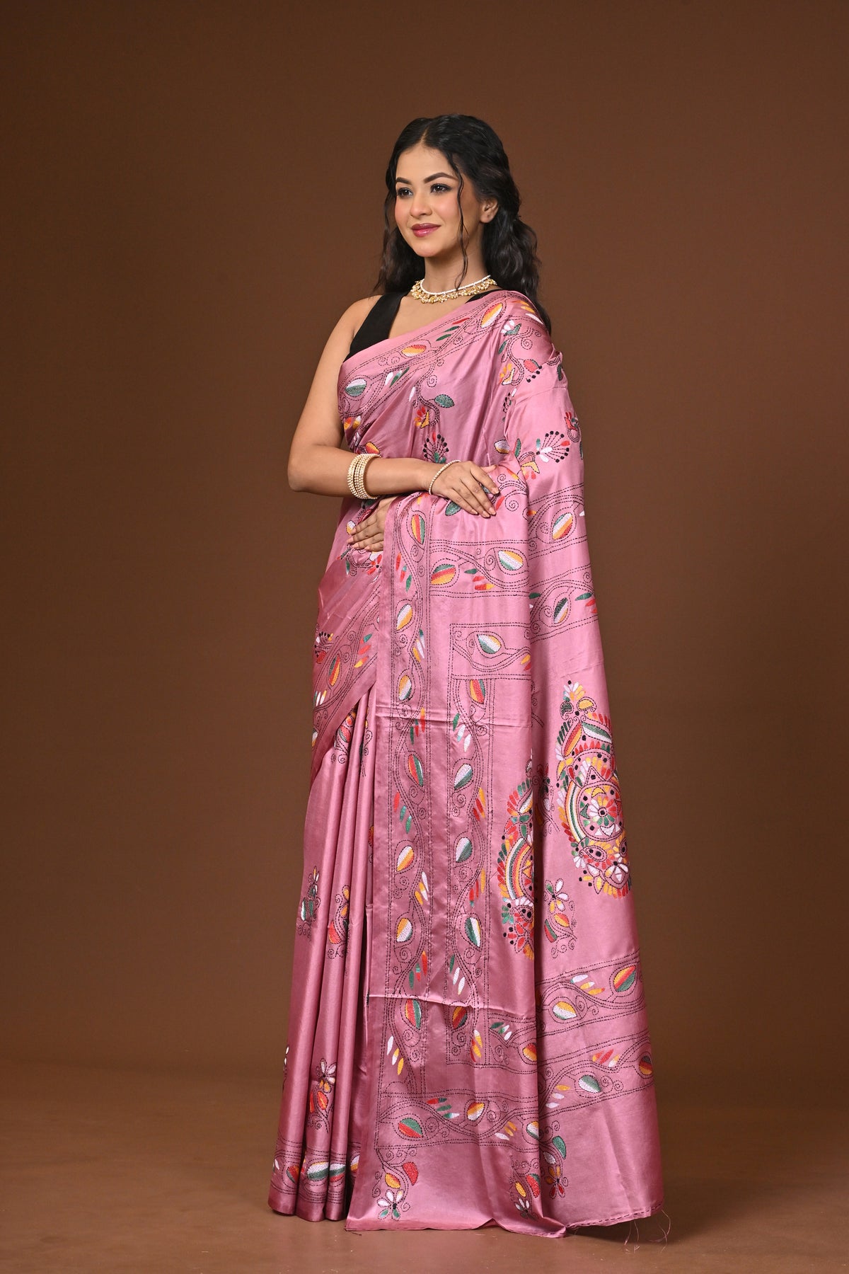Blended Silk Kantha Stitch Saree Pink