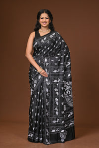 Blended Silk Kantha Stitch Saree Black
