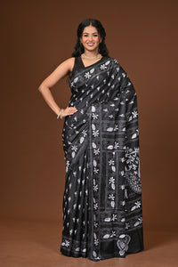 Blended Silk Kantha Stitch Saree Black