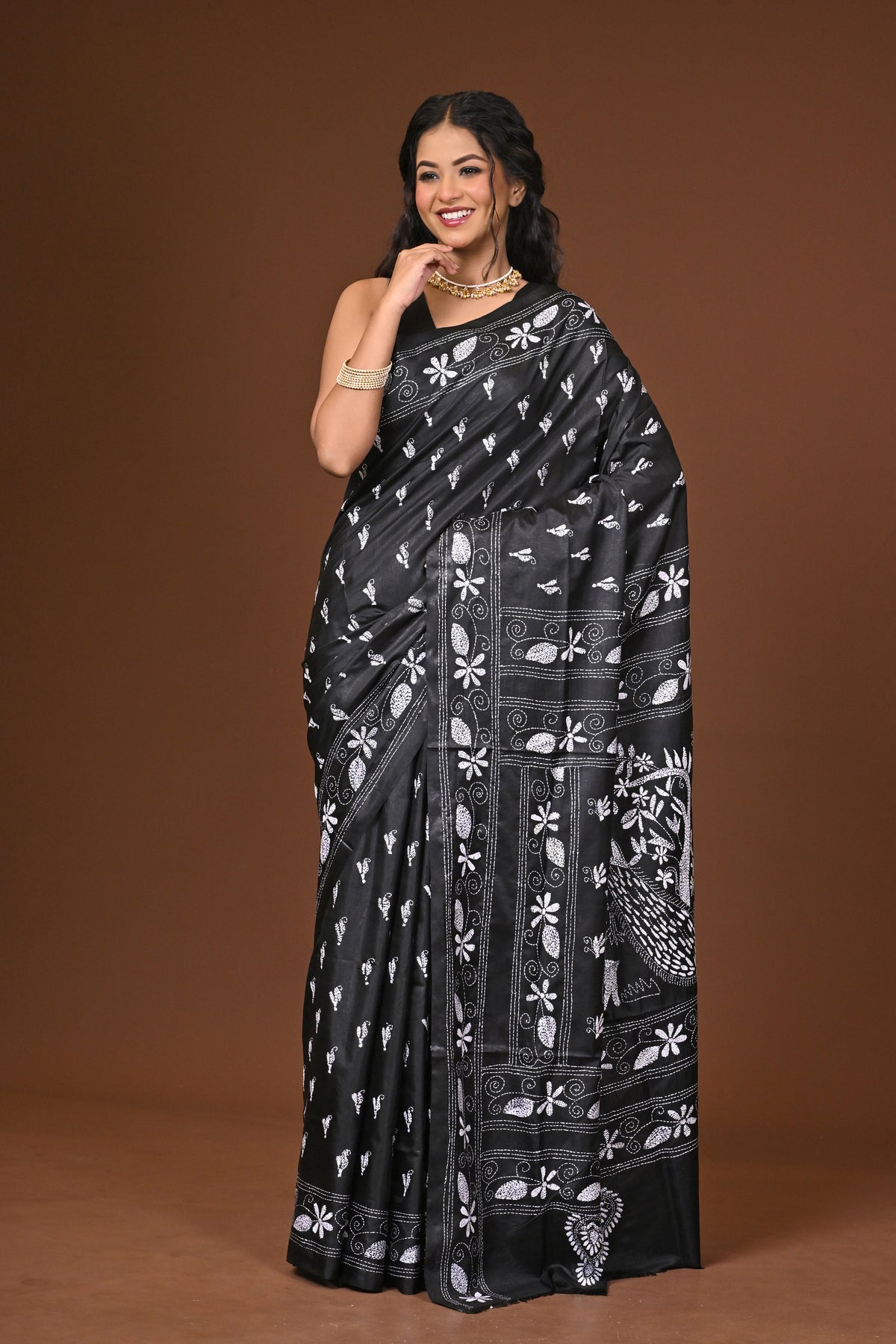 Blended Silk Kantha Stitch Saree Black