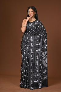 Blended Silk Kantha Stitch Saree Black