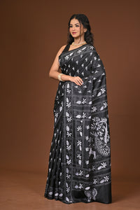 Blended Silk Kantha Stitch Saree Black