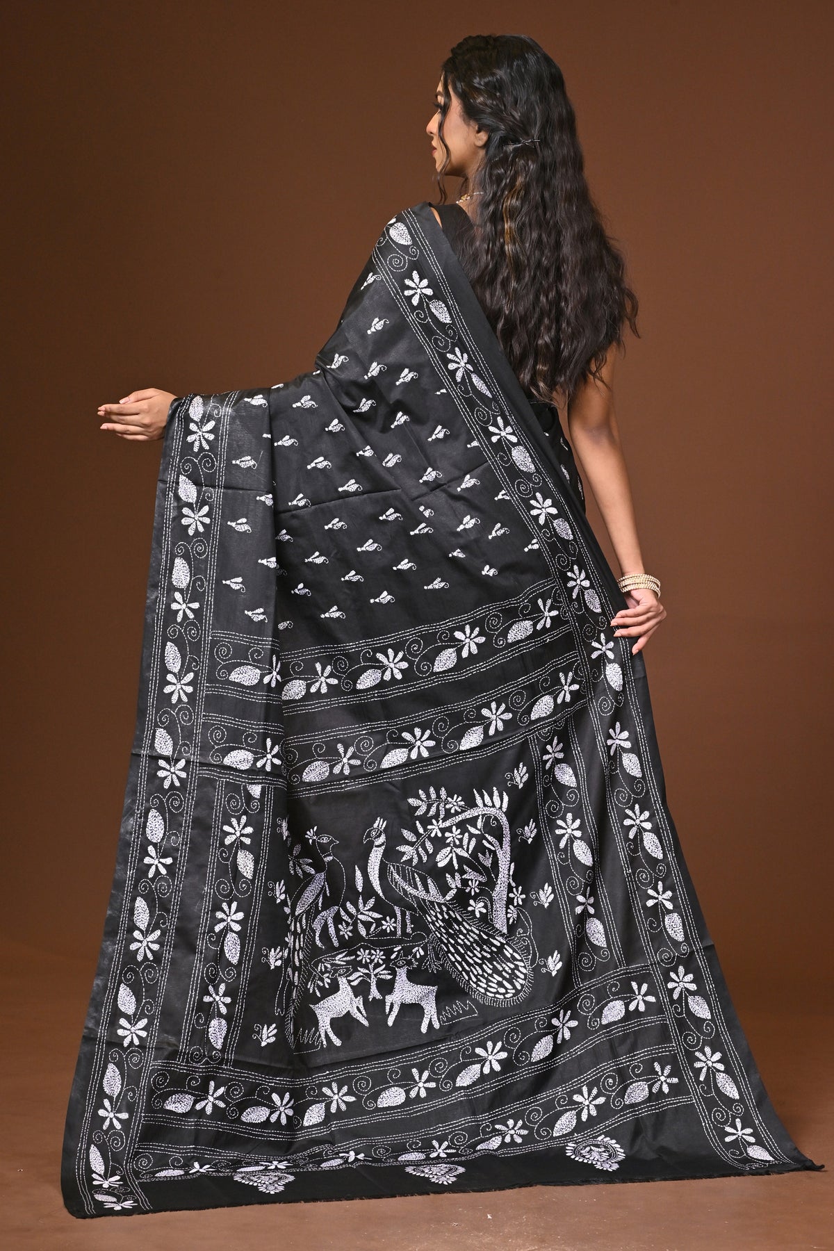 Blended Silk Kantha Stitch Saree Black