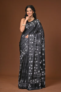 Blended Silk Kantha Stitch Saree Black