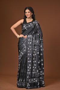 Blended Silk Kantha Stitch Saree Black