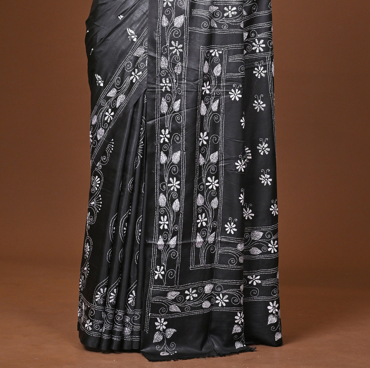 Blended Silk Kantha Stitch Saree Black