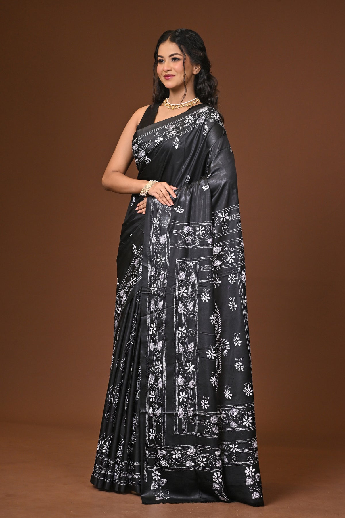 Blended Silk Kantha Stitch Saree Black