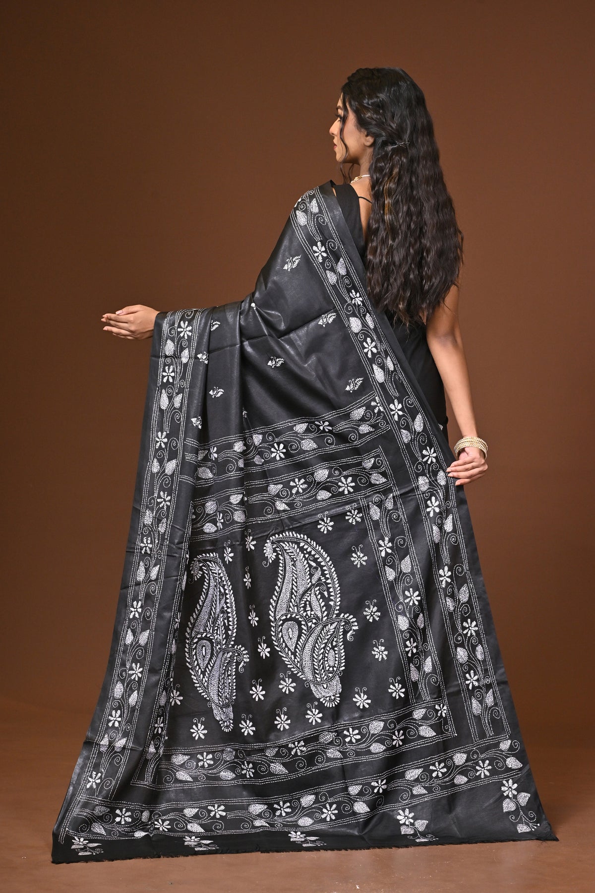 Blended Silk Kantha Stitch Saree Black
