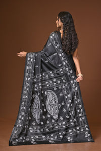 Blended Silk Kantha Stitch Saree Black