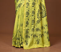 Blended Silk Kantha Stitch Saree Light Green