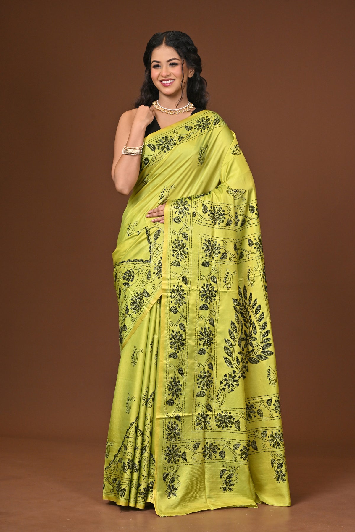 Blended Silk Kantha Stitch Saree Light Green