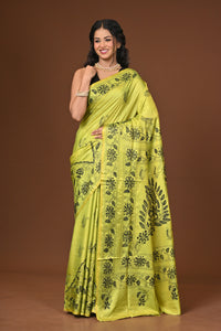 Blended Silk Kantha Stitch Saree Light Green