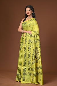 Blended Silk Kantha Stitch Saree Light Green