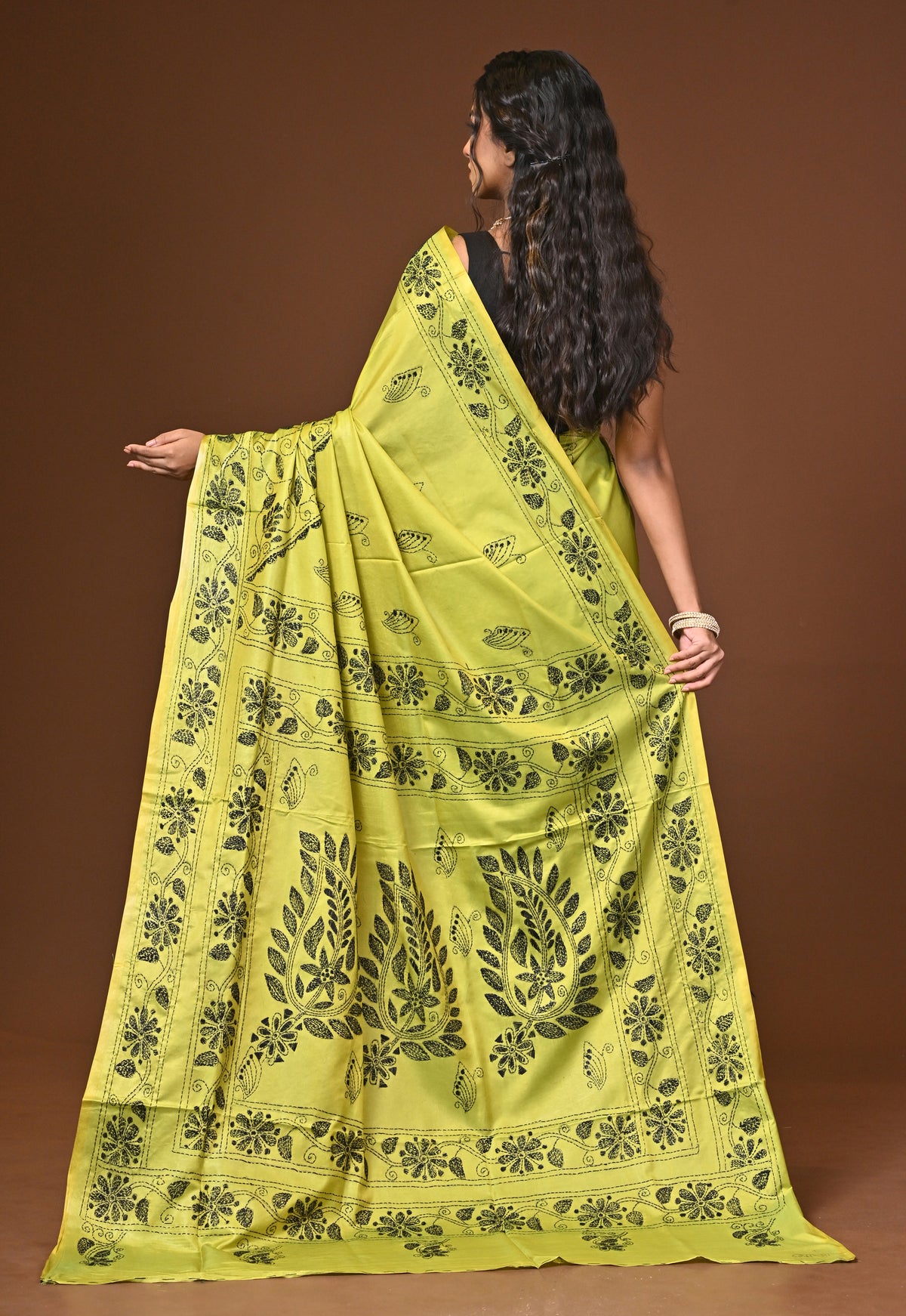 Blended Silk Kantha Stitch Saree Light Green
