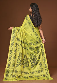 Blended Silk Kantha Stitch Saree Light Green