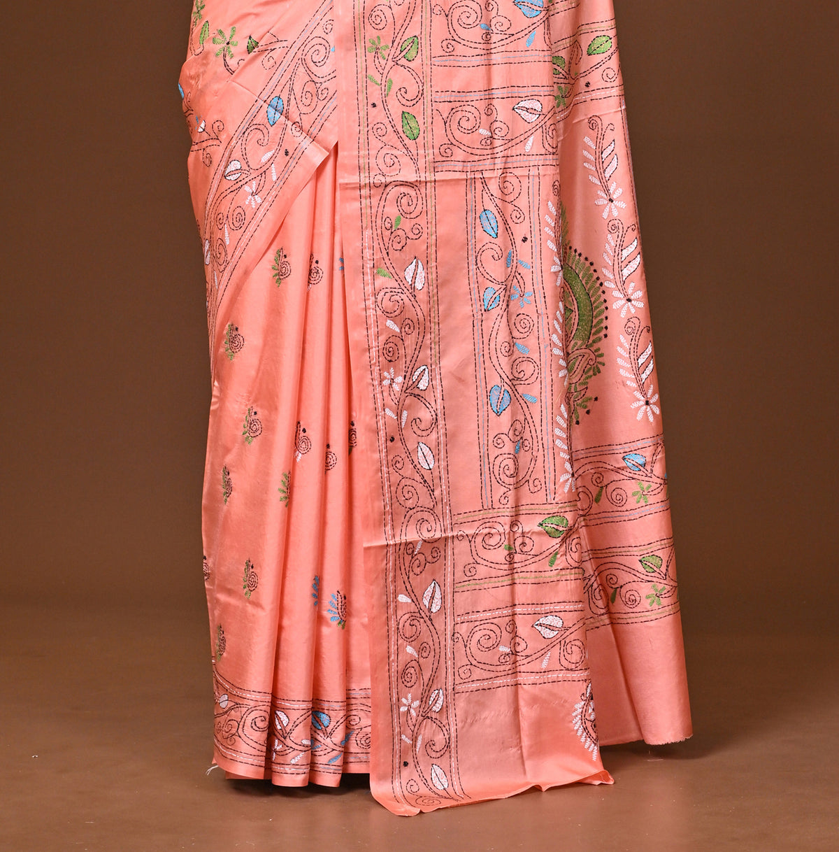 Blended Silk Kantha Stitch Saree Light Pink