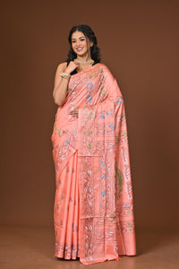Blended Silk Kantha Stitch Saree Light Pink