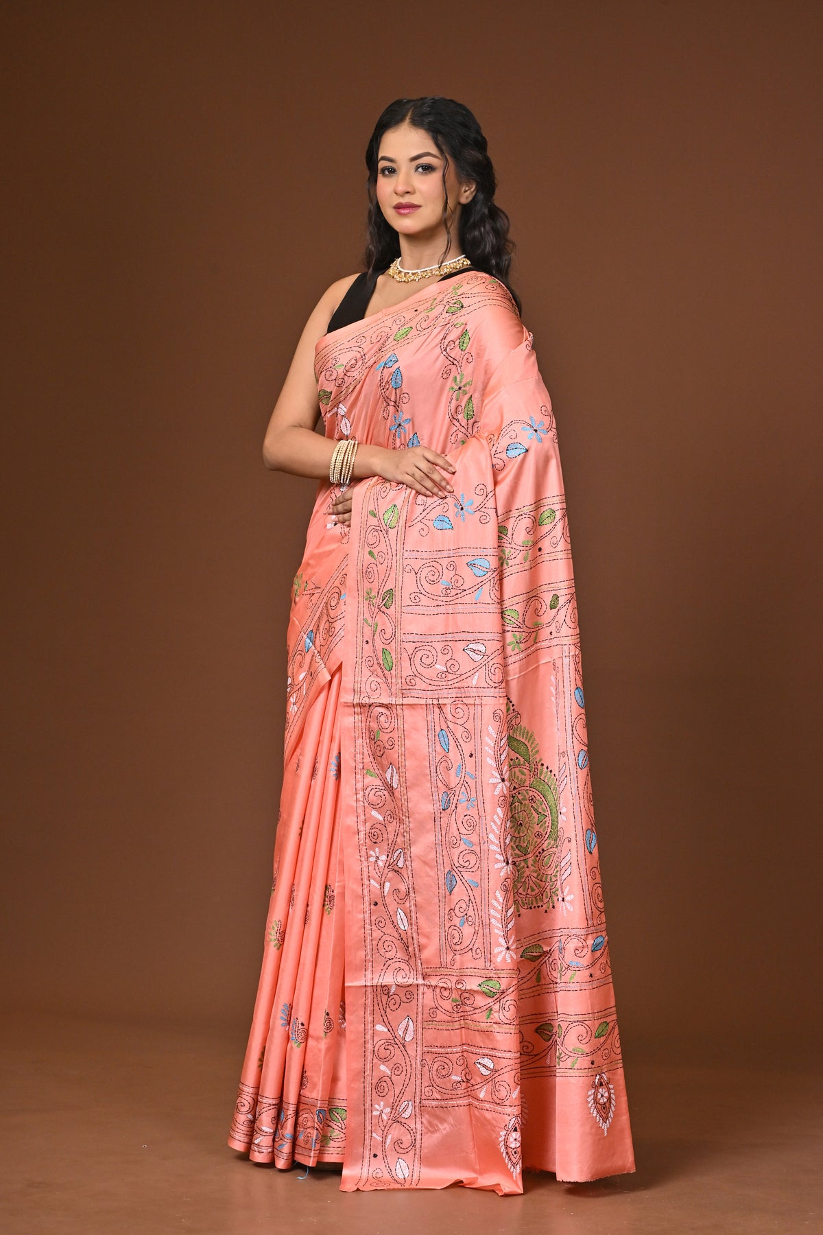 Blended Silk Kantha Stitch Saree Light Pink